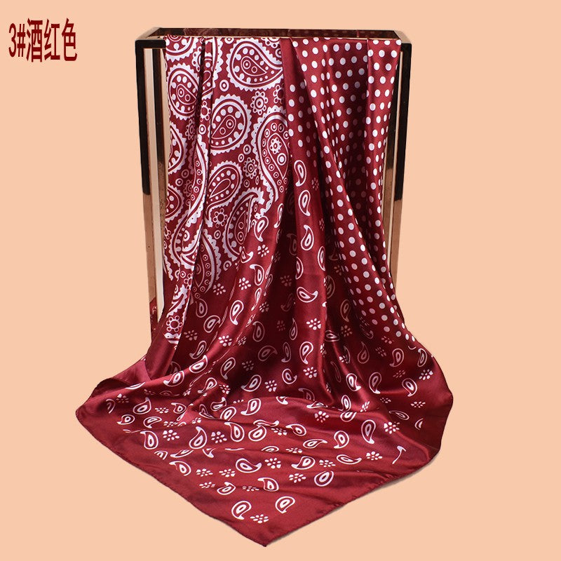 2025 new 90cm-satin size polka dot cashew flower printing square scarf with sunscreen, bag head silk scarf decoration