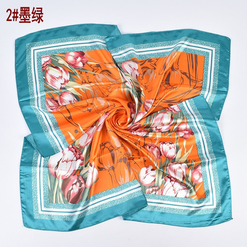 Summer new fashion versatile tulip bouquet print 90-color square scarf silk scarf headscarf