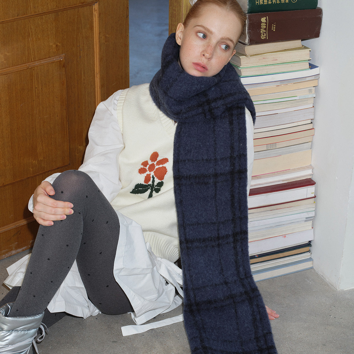 20% New Zealand wool blend neutral plaid scarf women's winter black retro plaid vibe long scarf