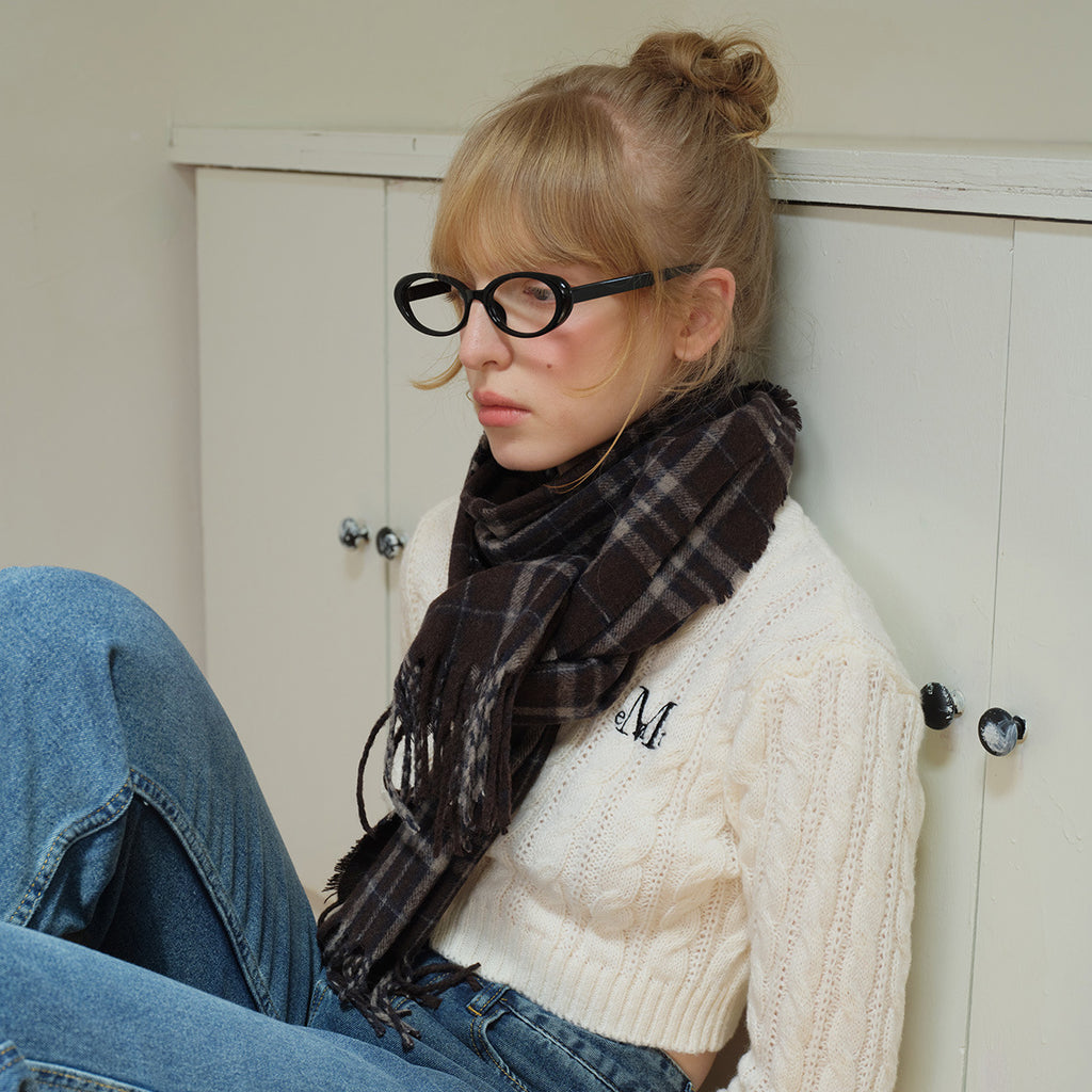 Swedish designer neutral wool blended brown plaid scarf women's autumn and winter warm plaid fringed scarf