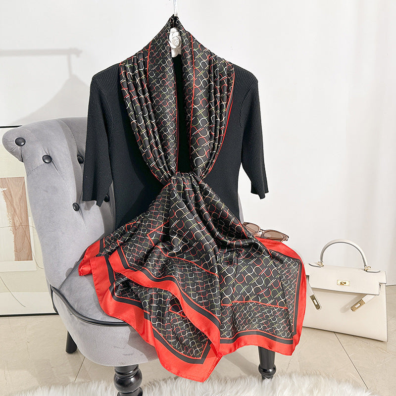 Simple, fashionable and versatile, colorful geometric lines, long silk scarves, travel and vacation sunscreen, thin shawl scarves.