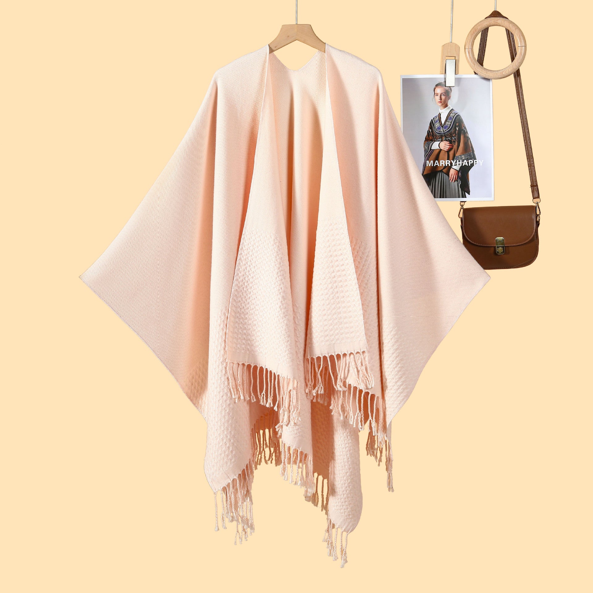 New monochrome fringed split shawl double-sided three-dimensional wave jacquard warm imitation cashmere scarf cape cardigan women