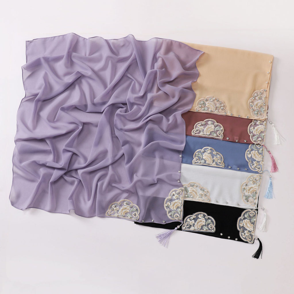 New pearl chiffon national style embroidered square scarf high-grade diamond fringed yarn