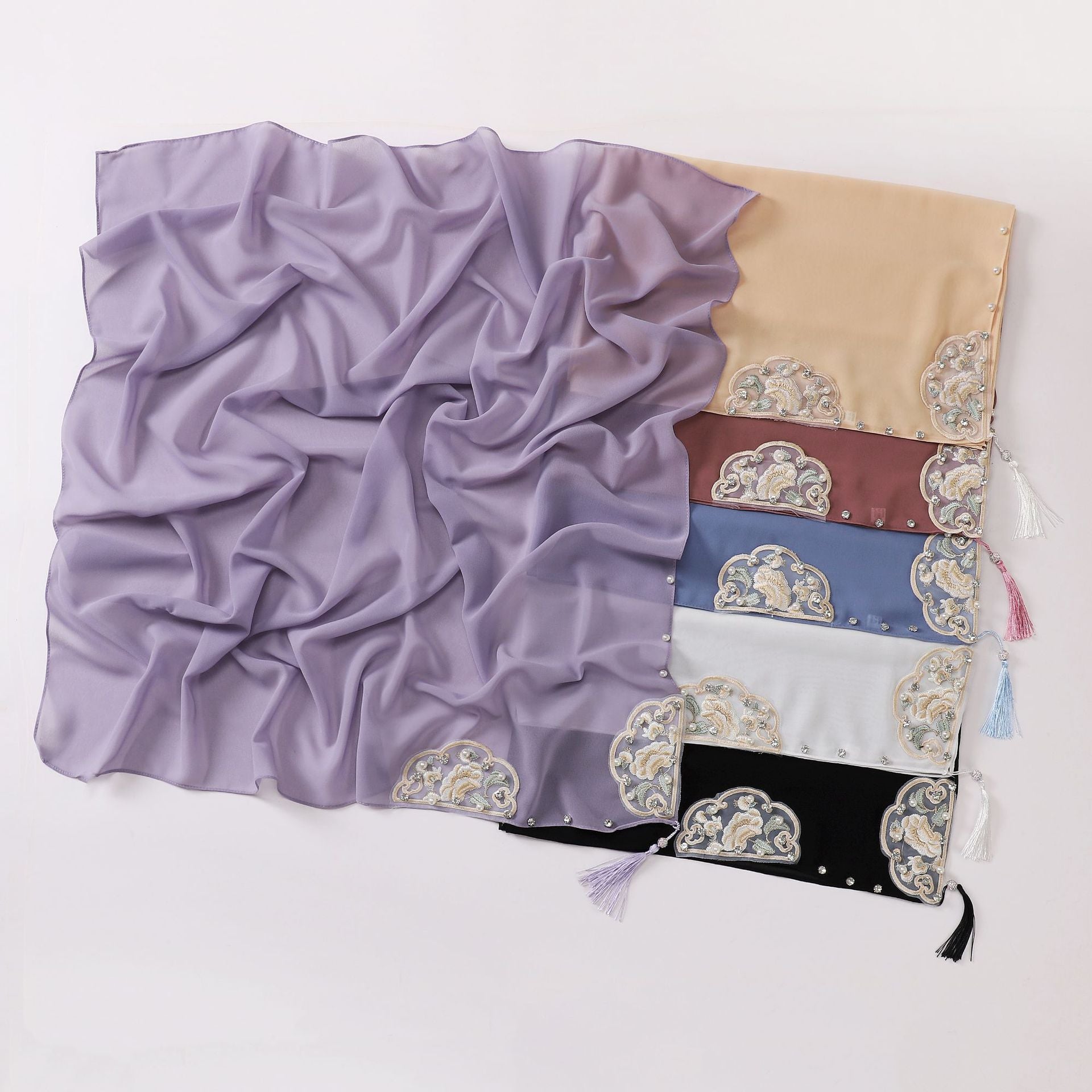 New pearl chiffon national style embroidered square scarf high-grade diamond fringed yarn