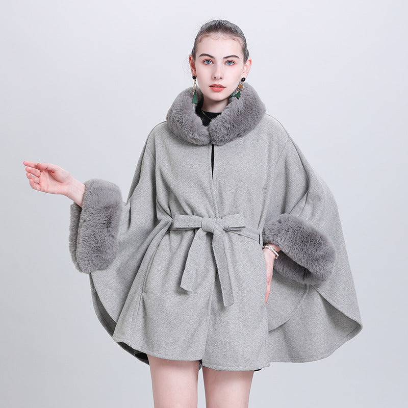 beige autumn and winter fur collar lace-up knitted cardigan cape loose woolen jacket Q1000 #