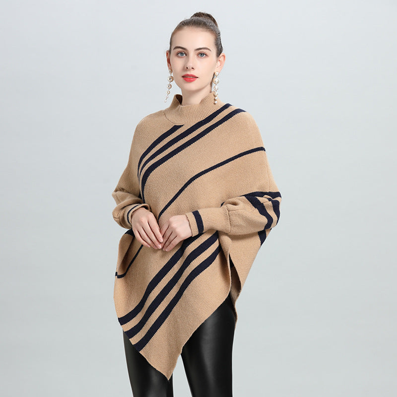 Autumn and winter new irregular striped semi-turtleneck bat sleeve pullover knitted sweater cape women 0950 #
