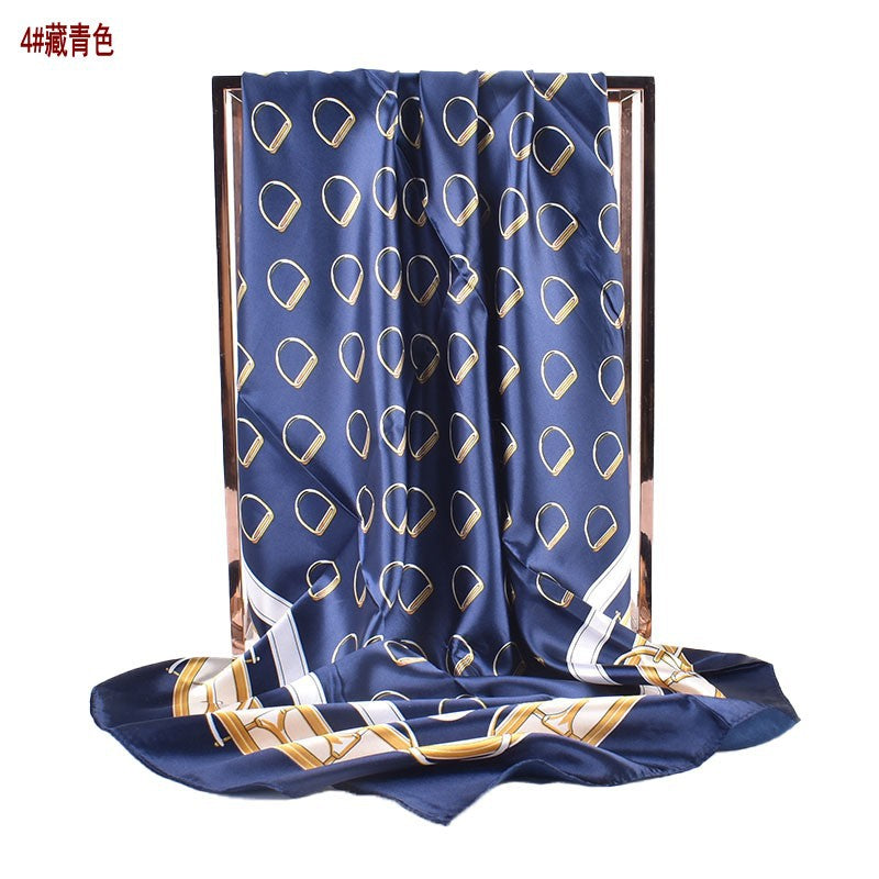 Autumn and winter new scarf saddle buckle accessories printed light luxury silk scarf 90 satin high-end square scarf