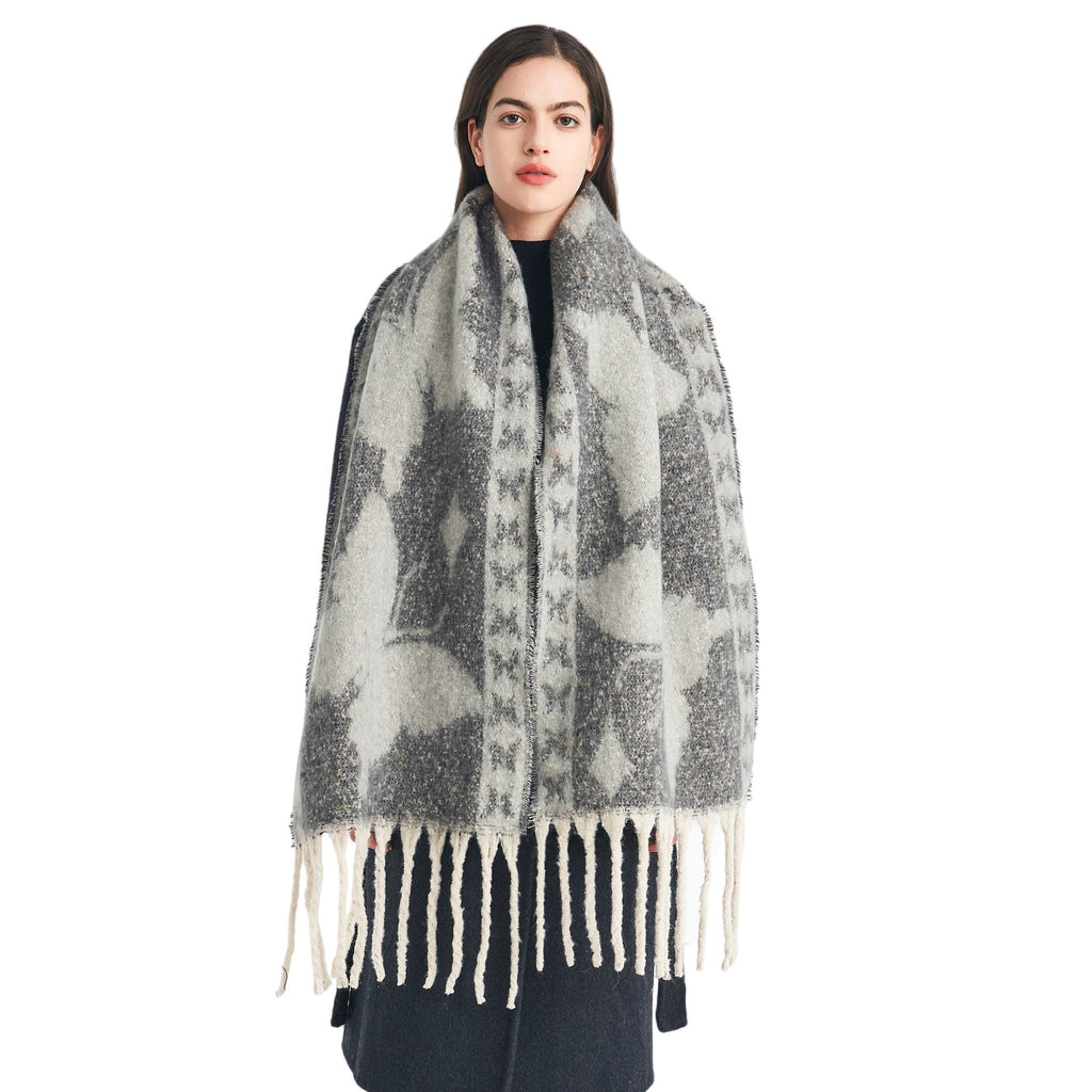 Scarf European, American autumn and winter thickened imitation mohair loop yarn butterfly jacquard scarf