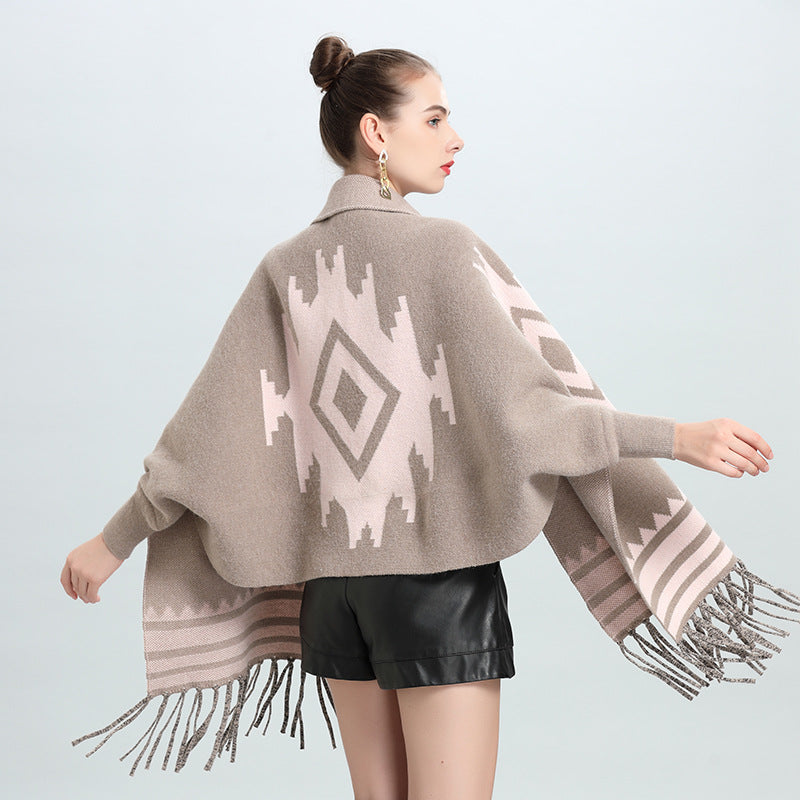 European and American autumn and winter new striped fringed bat-sleeved knitted sweater cardigan shawl scarf dual-purpose 0910 #