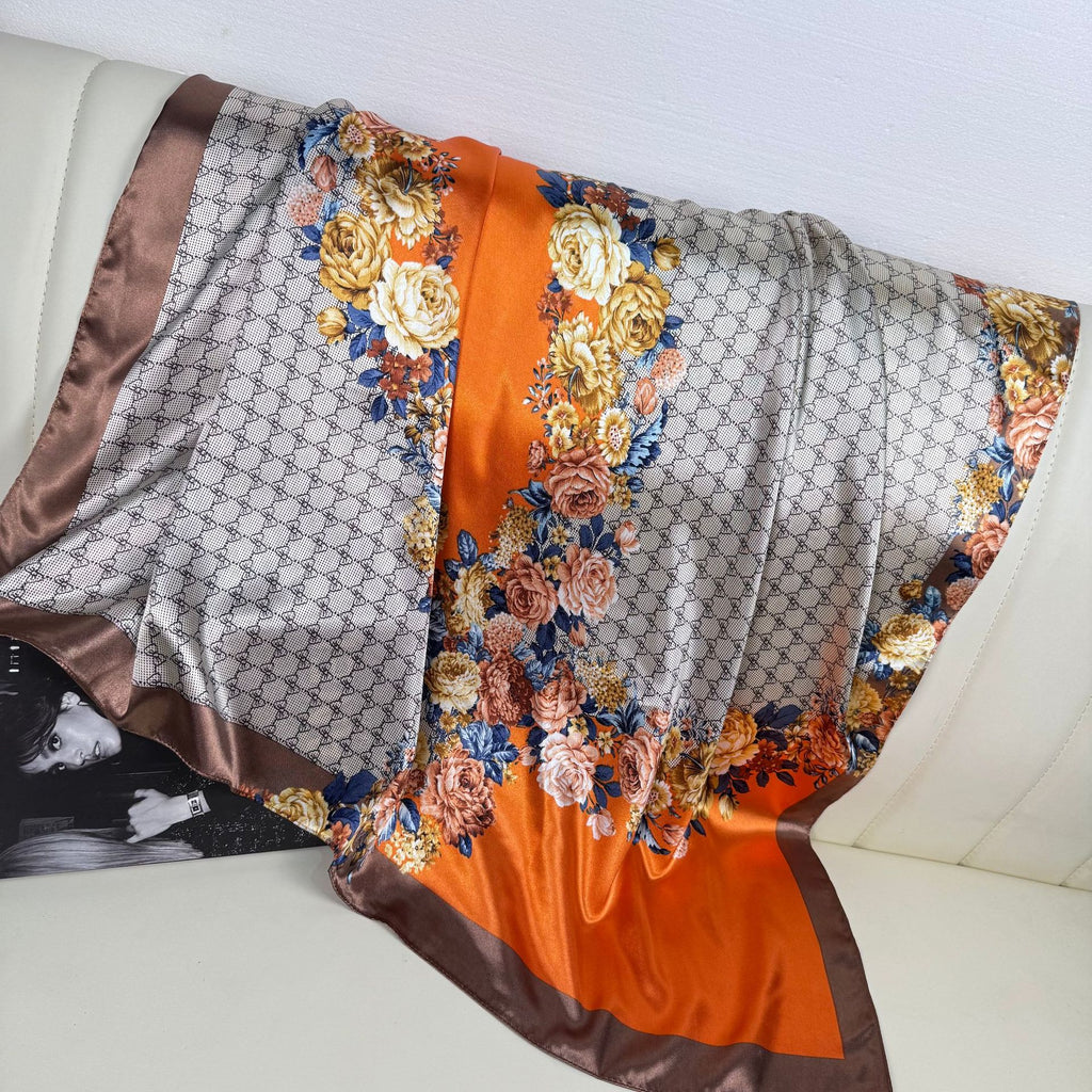 Temperament simple and elegant bow flower print silk scarf 90cm square scarf, Indonesian national bag head scarf scarf scarf