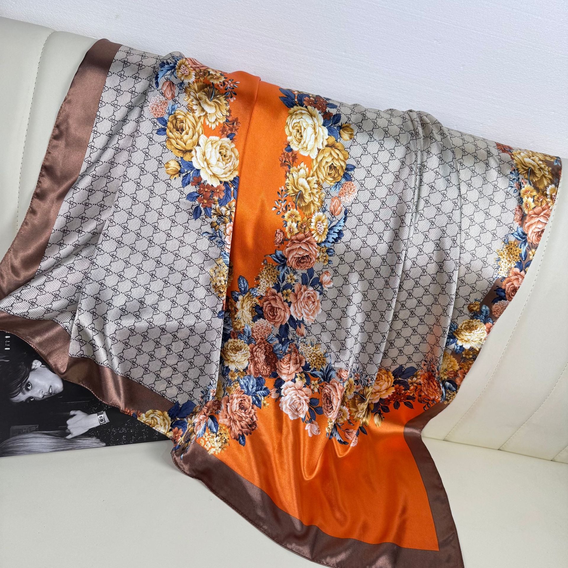 Temperament simple and elegant bow flower print silk scarf 90cm square scarf, Indonesian national bag head scarf scarf scarf