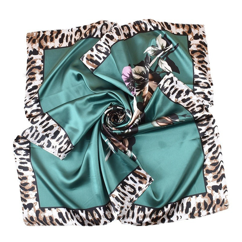 Spring new large shawl simulation silk leopard print rose printing silk scarf head scarf 90-color large square scarf