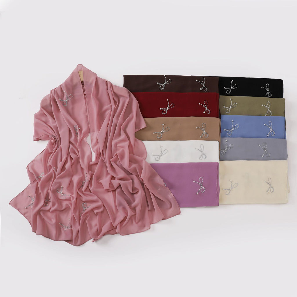New pearl chiffon bow hot diamond beads long towel yarn towel small fresh headscarf women