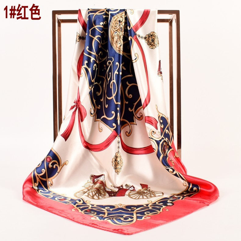 European and American spring new retro carriage simulation silk satin printed silk scarf, fashionable women's scarf