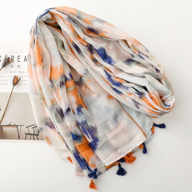 Thin Cotton Viscose gradual change ink painting cotton and linen feel tassel shawl travel accessories