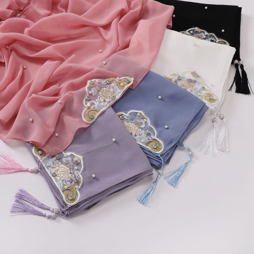 New pearl chiffon embroidered scarf diamond Tassel Shawls Middle East and Africa headscarf