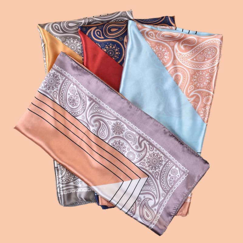 2025 new 90-satin color matching cashew nut flower printing square scarf with sunscreen, bag head silk scarf decoration, scarf