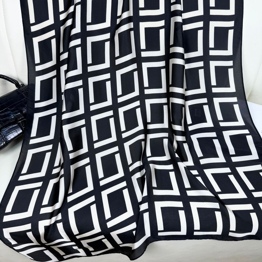 Simple classic black and white square simulation silk long silk scarf, Korean version of fashionable and versatile outer shawl, women's scarf headscarf