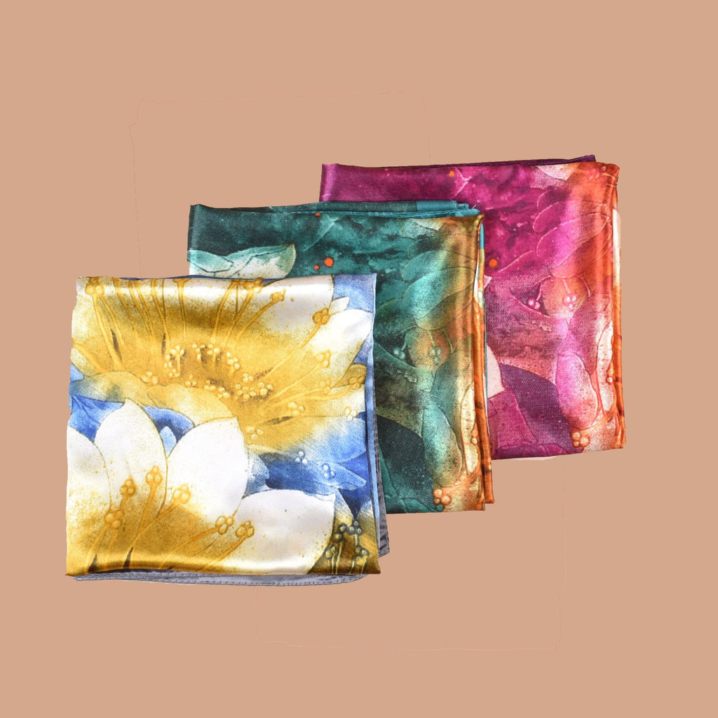 New 90cm satin, flower printed large square scarf with sunscreen, head silk scarf decoration, scarf.