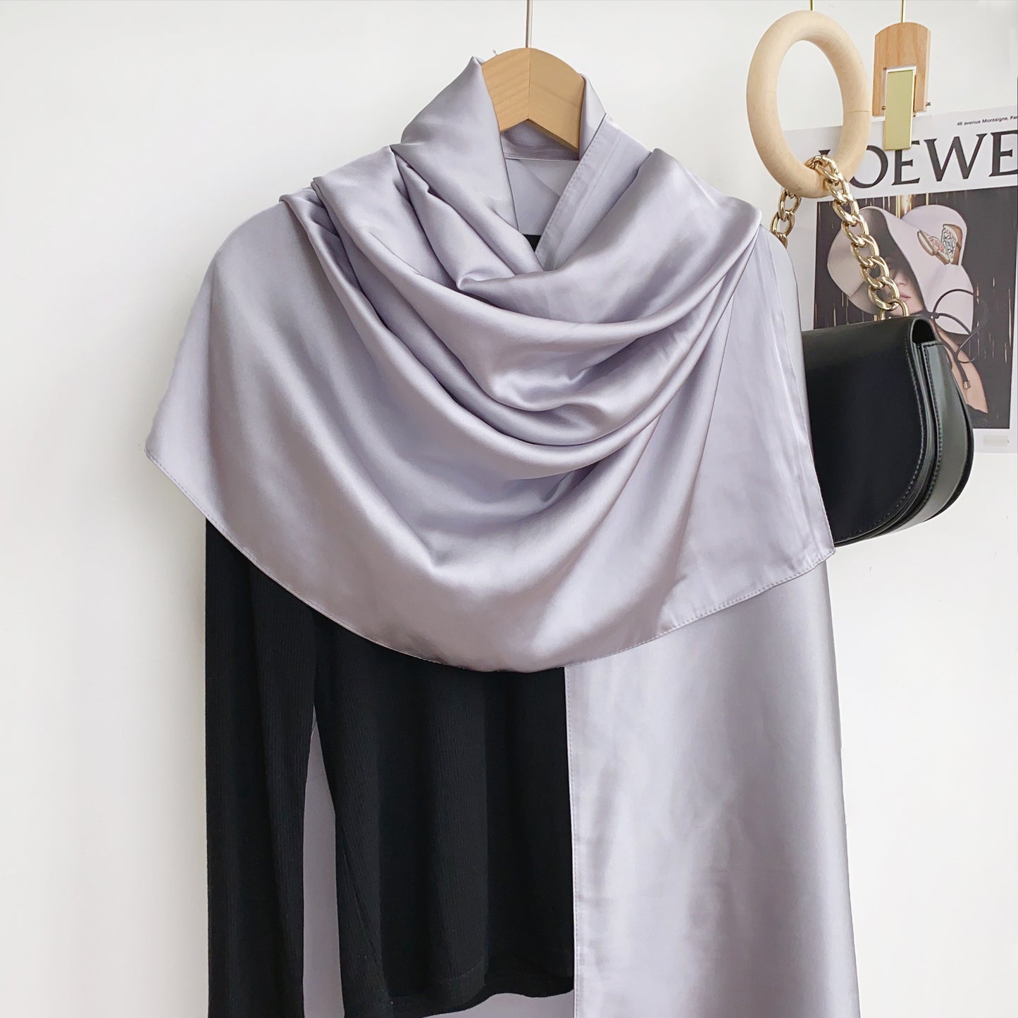 Simple and versatile monochrome solid color new silk satin long silk scarf headscarf, elegant temperament women's vacation shawl