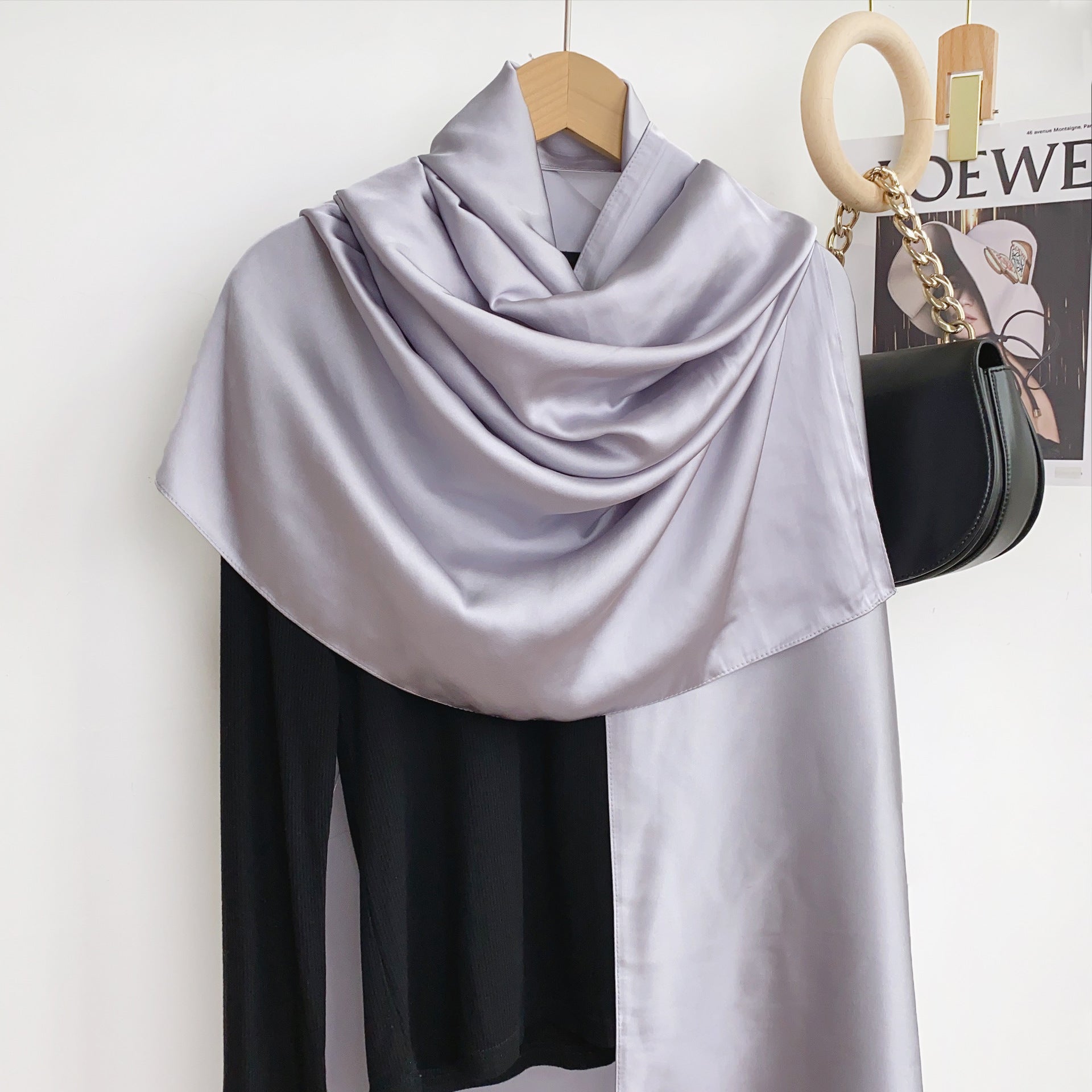 Simple and versatile monochrome solid color new silk satin long silk scarf headscarf, elegant temperament women's vacation shawl