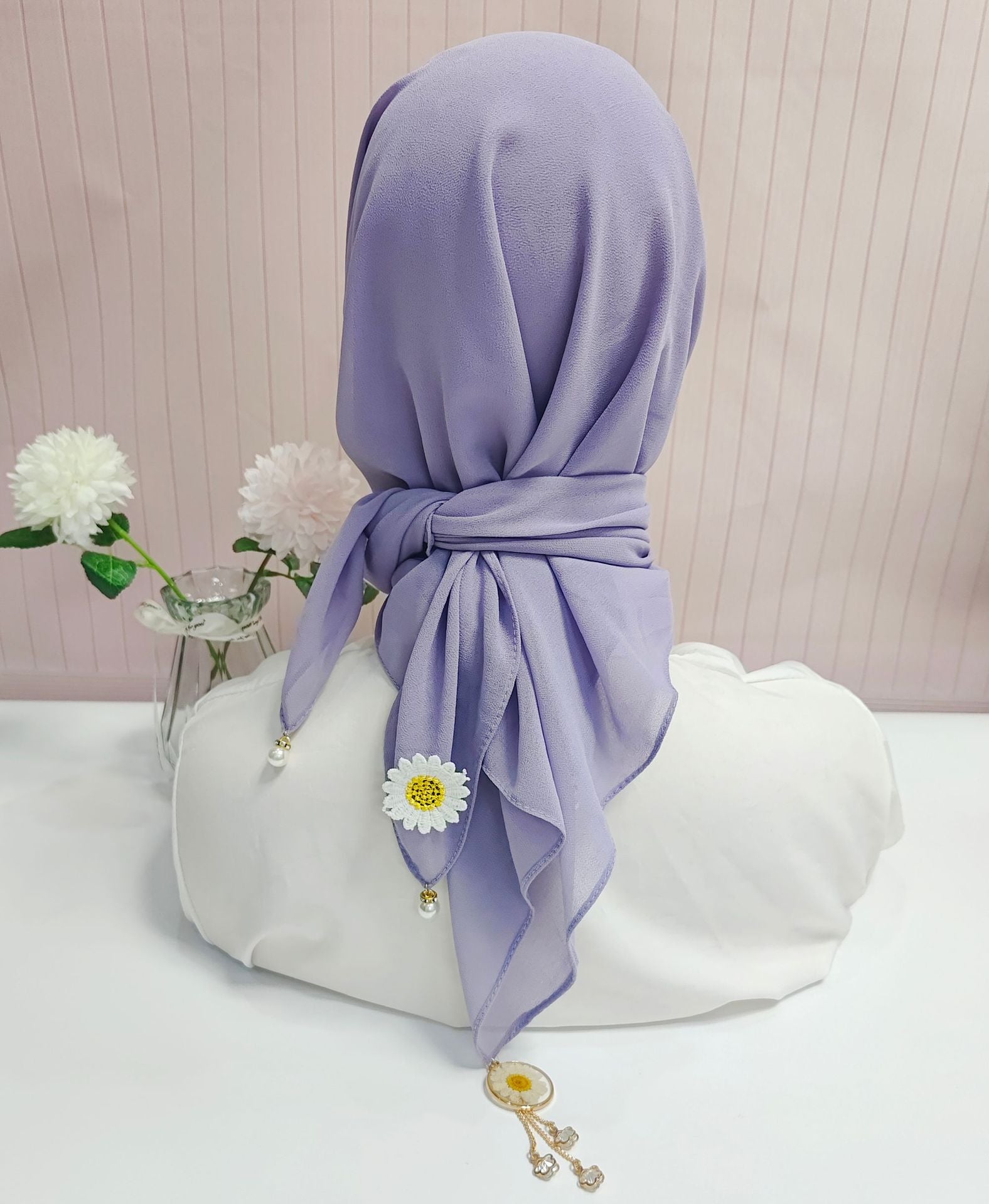 New solid color chiffon square scarf headscarf ins wind small daisy dried flower yarn hijab