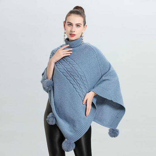 Spring new temperament cape shawl medium and long hairball turtleneck pullover knitted sweater cape 0939 #