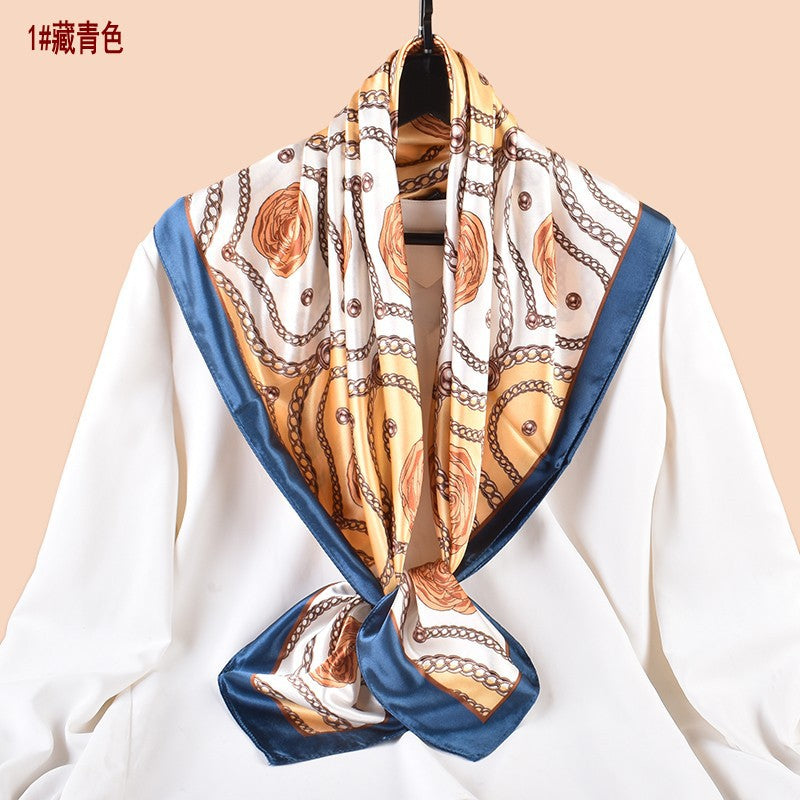 Spring and summer scarf chain flower printing versatile decorative scarf headscarf silk scarf 90 high-quality satin square scarf