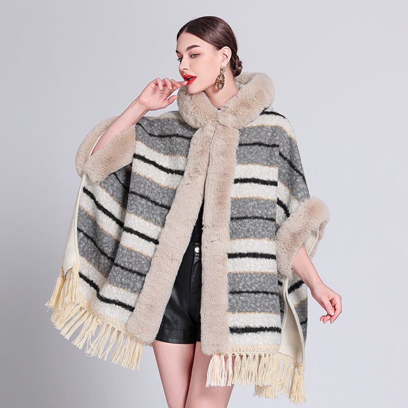 Europe, America, autumn and winter new woolen coat fur collar hooded plush thickened warm fashion fringed cape shawl outside