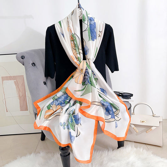 Stylish and elegant plant flower flower print long silk scarf, sweet and fresh literary girl with shawl
