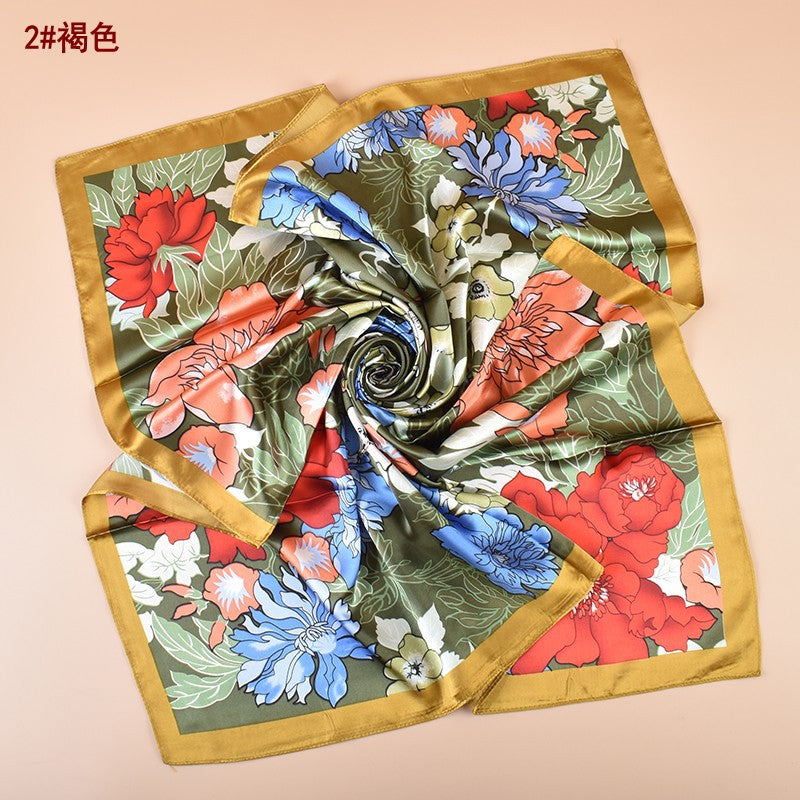 Spring new sweet flower simulation silk printing silk scarf head scarf 90 color diced light luxury square scarf