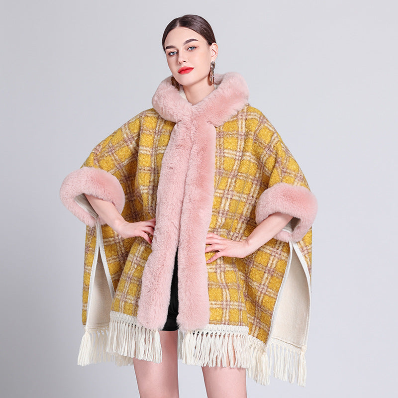 Europe, America, autumn and winter new woolen coat fur collar hooded plush thickened warm fashion fringed cape shawl outside