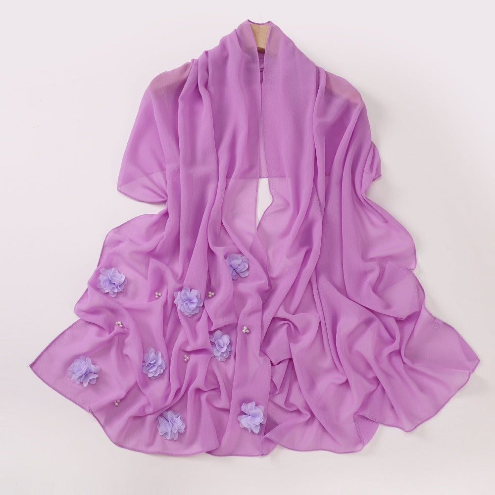 New pearl chiffon handmade sticky flower bead long towel, yarn towel, Middle East and Africa Malay headscarf