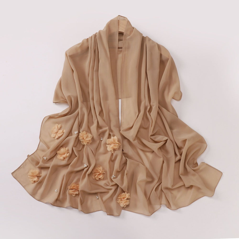 New pearl chiffon handmade sticky flower bead long towel, yarn towel, Middle East and Africa Malay headscarf