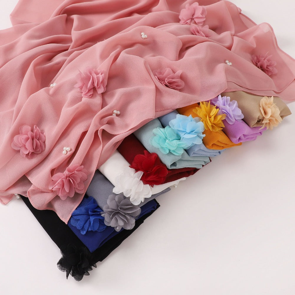 New pearl chiffon handmade sticky flower bead long towel, yarn towel, Middle East and Africa Malay headscarf