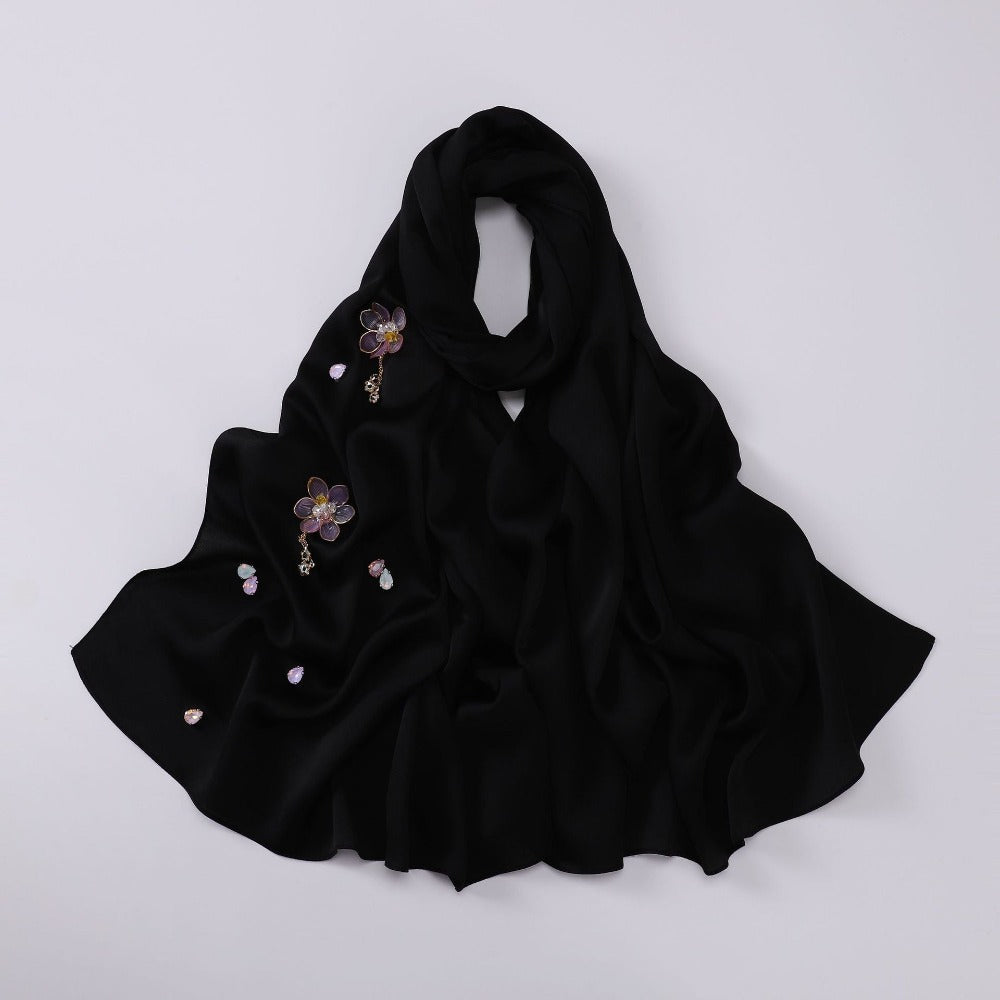 New bubble chiffon hand-sewn flower scarf Chinese wind point diamond yarn Malaysian headscarf hijab