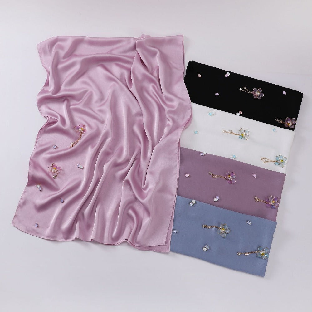 New bubble chiffon hand-sewn flower scarf Chinese wind point diamond yarn Malaysian headscarf hijab